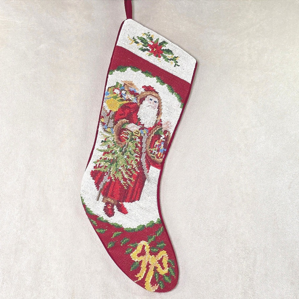 Vintage Needlepoint Christmas Stocking Santa Claus Velvet Back Red Wool Holiday